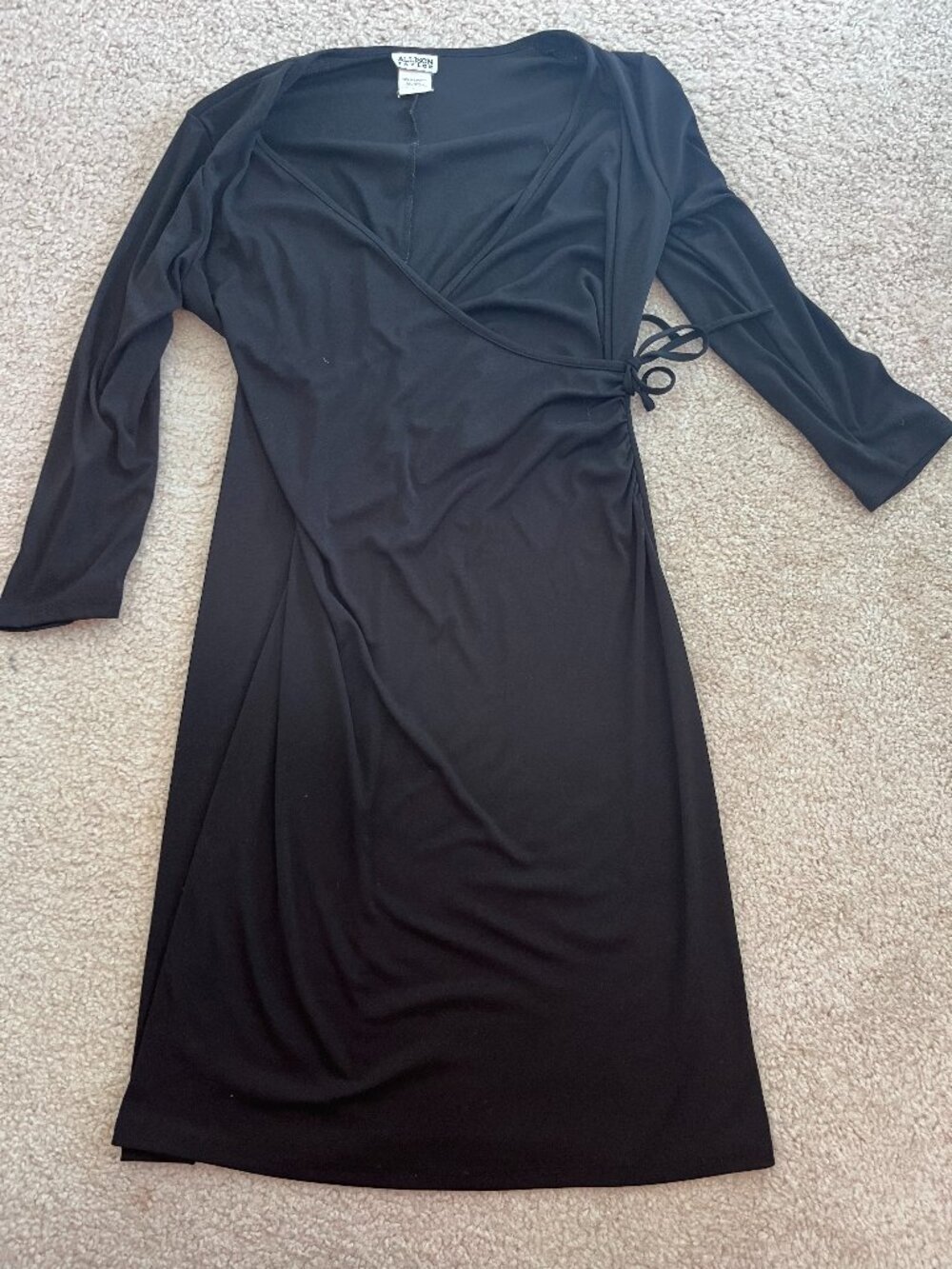 Black Wrap Dress Womens Large Allison Taylor 3/4 Sleeve Cocktail Evening LBD